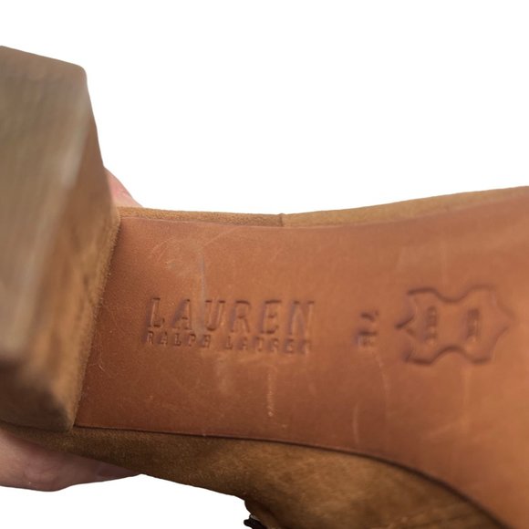 Lauren Ralph Lauren Camel Suede and Leather Fringe High Heel Boots Size 7 - Picture 11 of 11